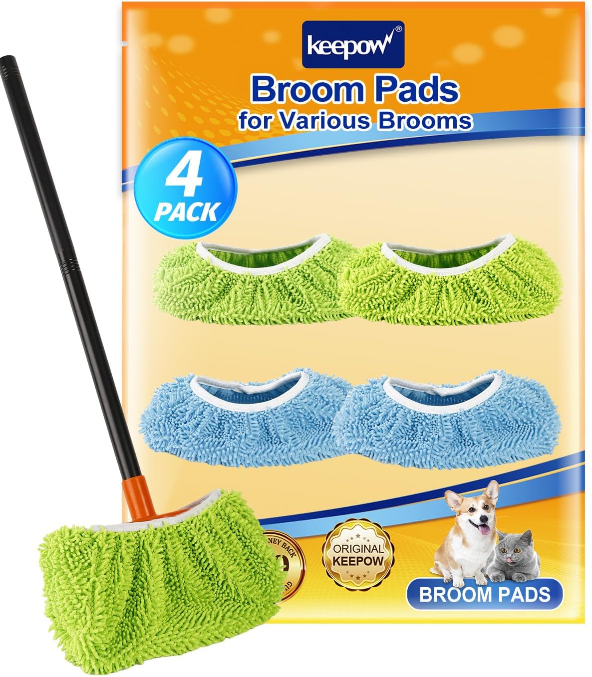 KEEPOW 4 Pack Washable Chenille Broom Pads, Baseboard Cleaner Cloth Covers for Daily Dusting, Reusable Broom Covers Compatible with Standard Brooms Under 11×5.9 in for Floors & Walls (Blue & Green