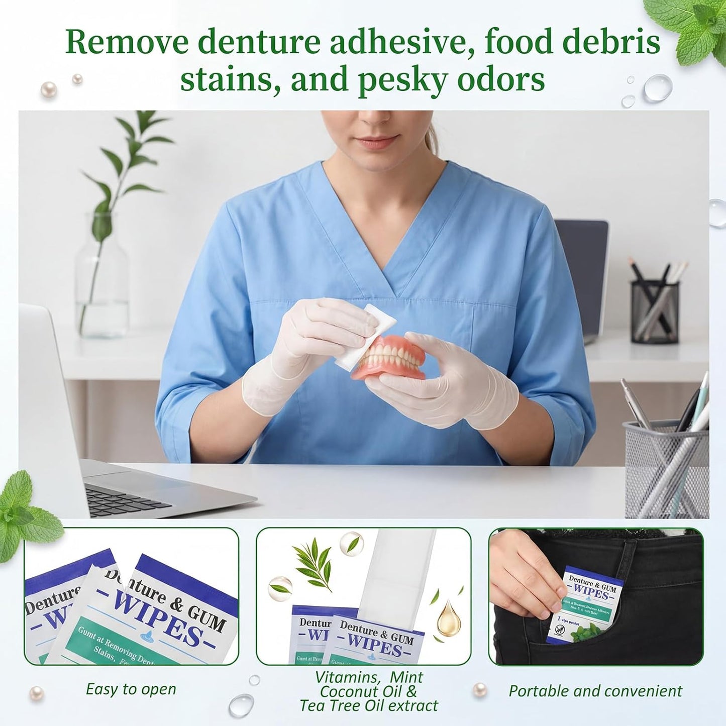Timgle 100 Pcs Denture Cleaning Wipes Refreshes Mouth Deep Cleaning Wipes for Remove Denture Adhesive, Food Debris, Stains and Odor (Classic)