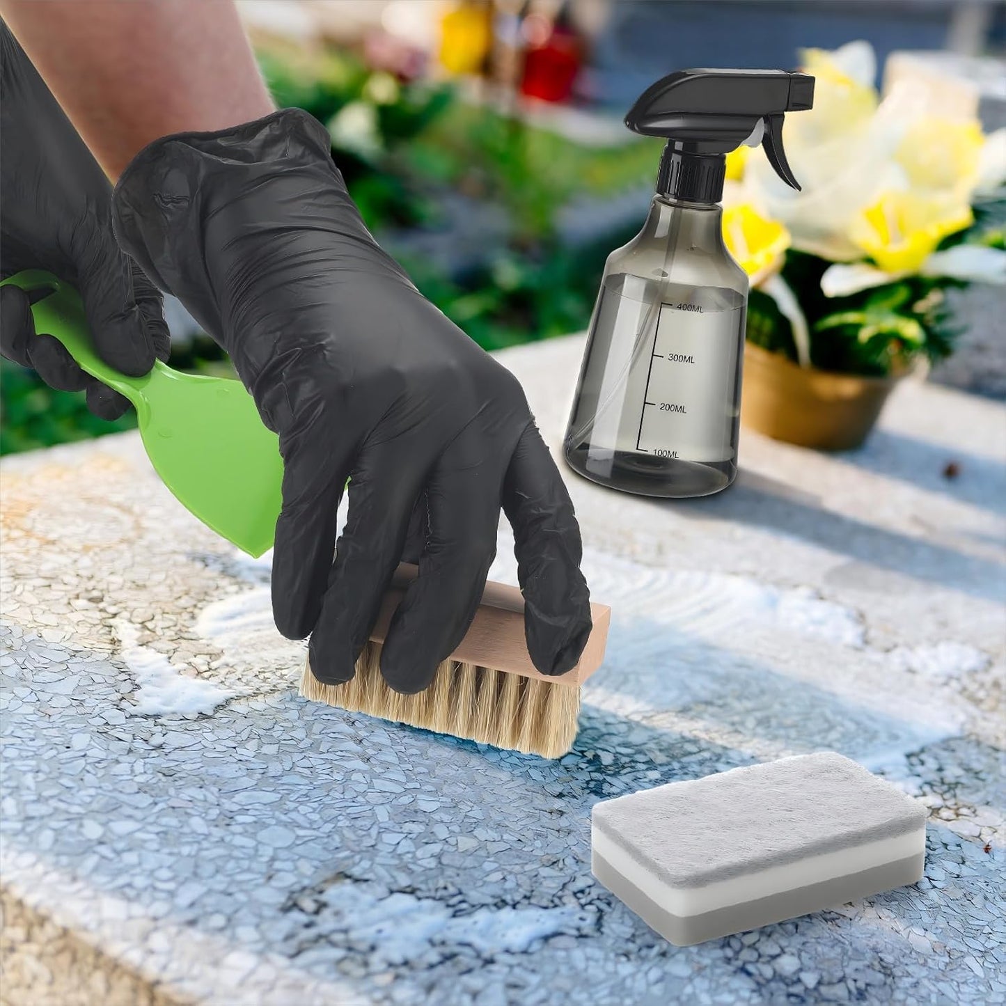 Hahafelt 7 Pcs Headstone Cleaner Kit for Grave Cleaning Gravestone Cleaner Grave Granite Includes Microfiber Cloth Spray Bottle Bristle Brush Headstone Sponge Disposable Gloves Plastic Scraper