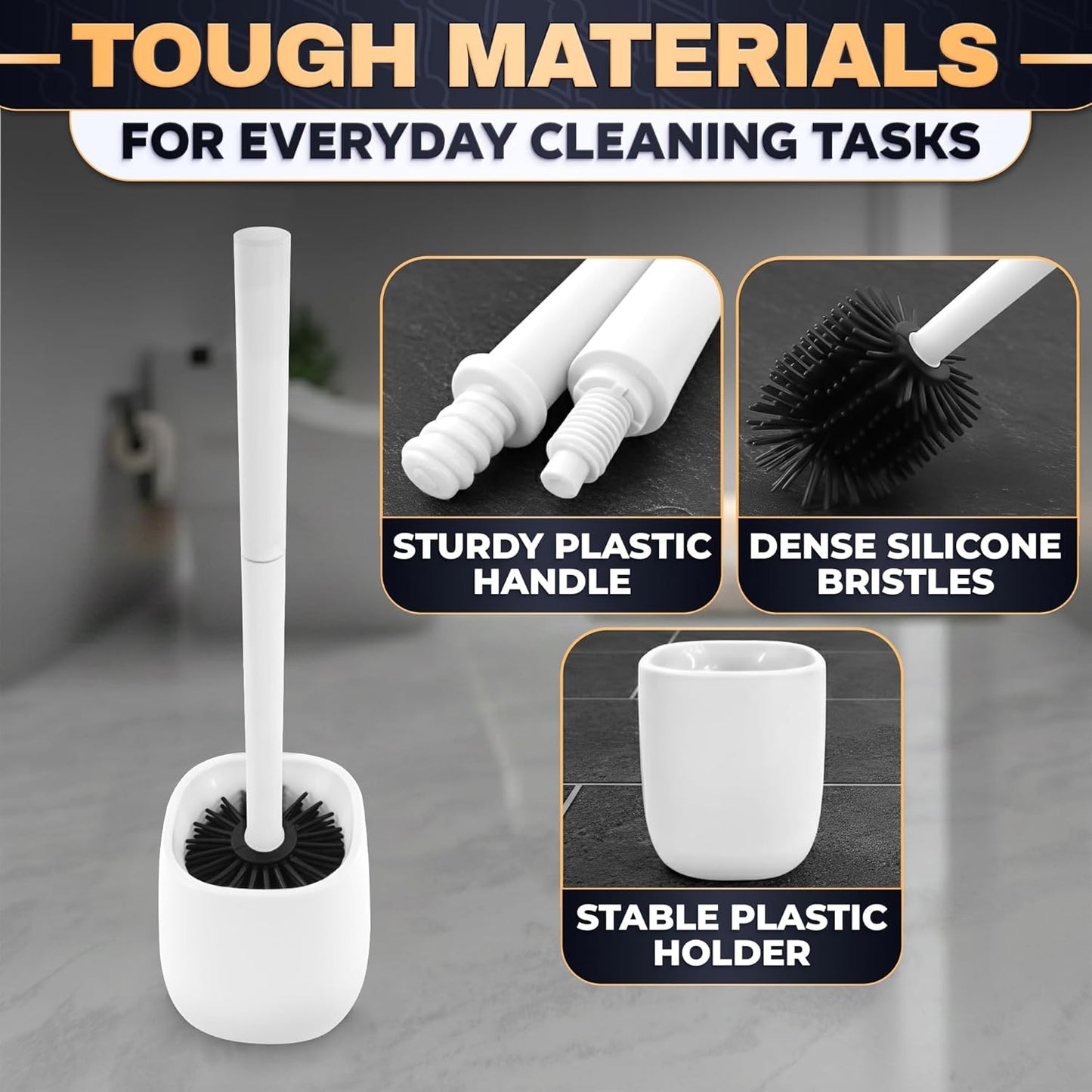 Toilet Brush and Holder Set - Silicone Toilet Brush Cleaner with Dark Grey Holder Base, Compact Accessory for Small Spaces - Easy to Place & Simple to Store After Use, Plastic Bathroom Cleaning Tool