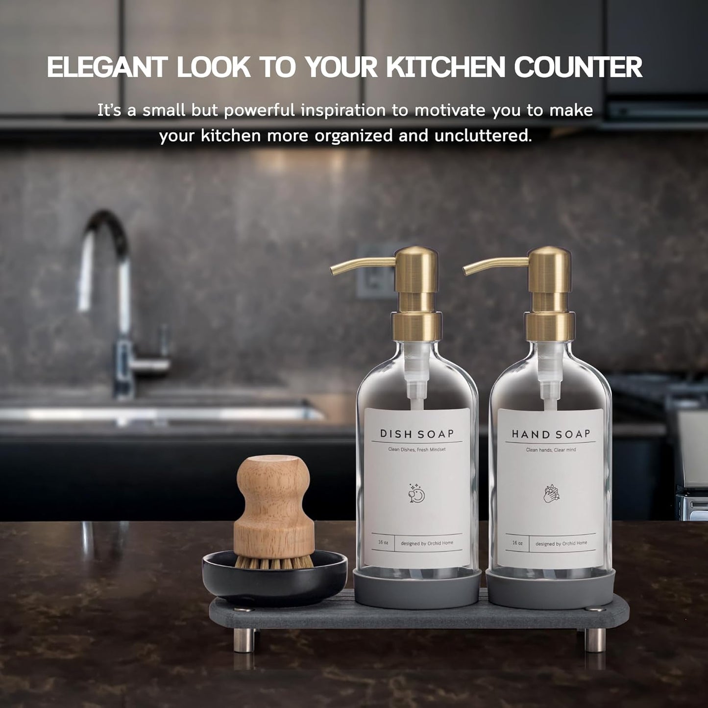 [Luxury] Kitchen Soap Dispenser Set - 16OZ Amber Glass Bottle, Stainless Steel Pump, Instant Dry Tray, Waterproof Labels, Non-Slip Silicone Pad, and Dish Brush | Upgrade for Your Kitchen and Bathroom