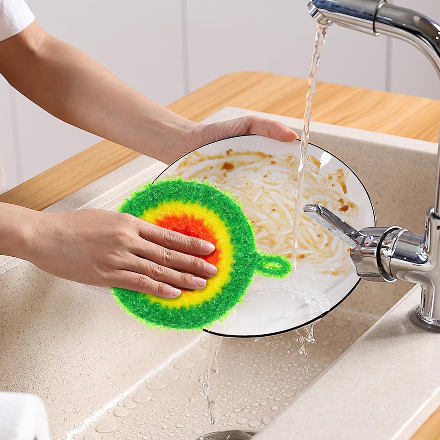 Toyvian Round Dish Cleaning Scrubber, 5Pcs Non-Scratch Polyester Dish Cloths for Washing Dishes Reusable Mesh Scrubbers with Hanging Loop Quick Drying Kitchen Scouring Pads for Pot Pan Sink