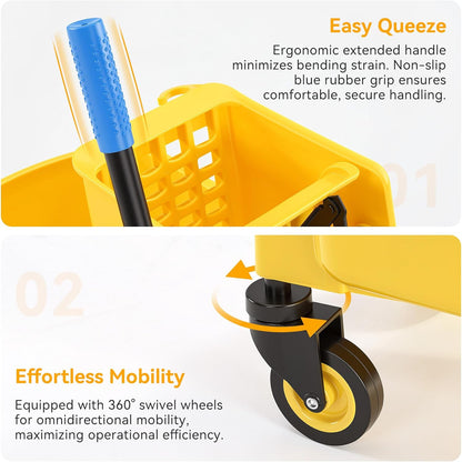 38 Qt Commercial Mop Bucket with Side Press Wringer on Wheels, Including Wet Floor Caution Sign, 1 Heavy Duty Industrial Mop, 1 Mop Head Replacement and a Pair of Gloves