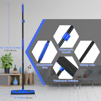 Rubber Broom Carpet Brush with Squeegee, Pet Hair Remover with 52.8 inches Long Handle, Detailing Lint Fur Removal Tool, Silicone Rug Rake for Cleaning Hardwood Floor, Tile, Window (Blue)