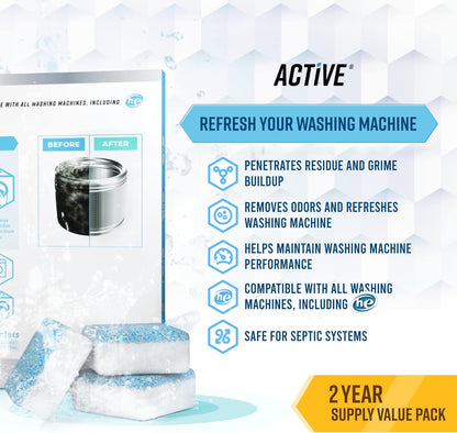 ACTIVE Washing Machine And Dishwasher Cleaning Tablets Bundle - Includes 12 Month Supply Dishwasher Cleaner Deodorizer & Washing Machine Descaler Deep Cleaning Tablets - 48 Tablet Set