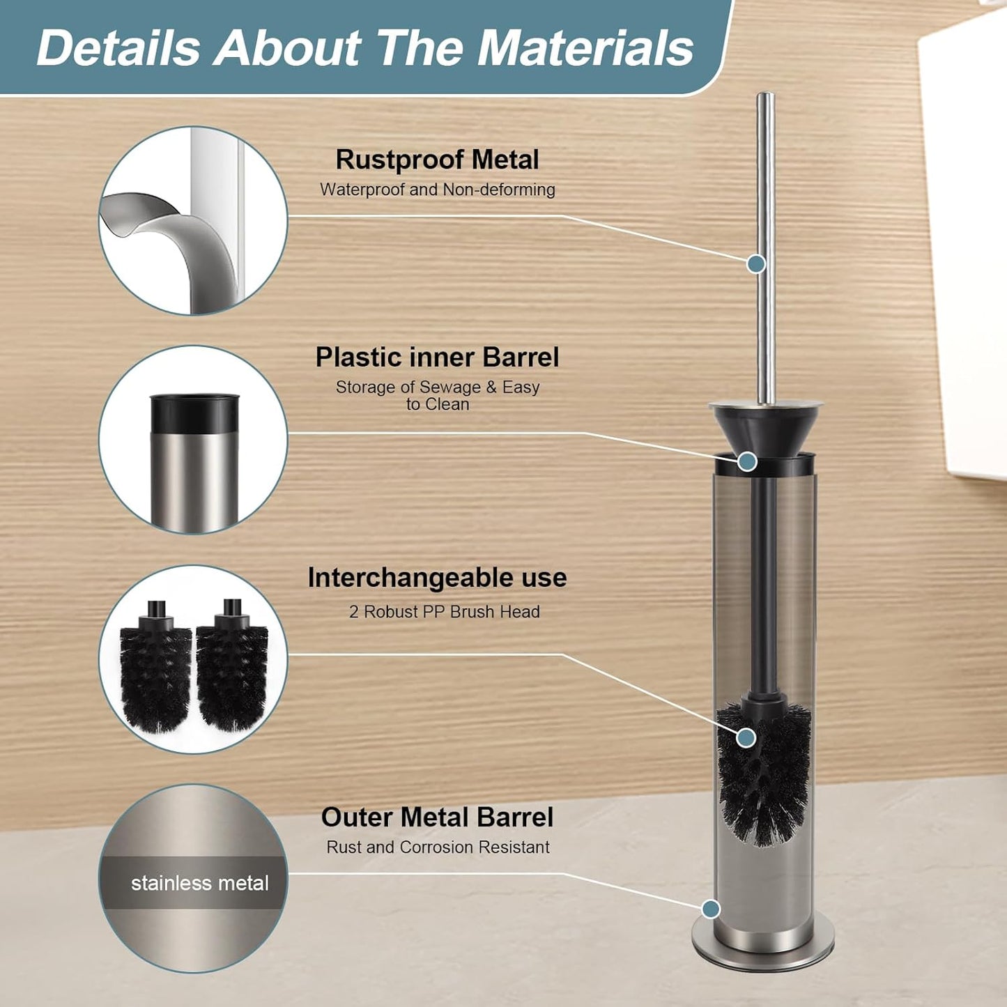 BGL Toilet Brush and Holder Set, Heavy Duty 304 Stainless Steel, Round Base and Long Handle for Bathroom Deep Cleaning, Drip-Proof, Space Saving for Storag, Polished Gold