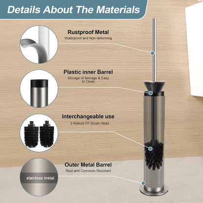 BGL Toilet Brush and Holder Set, Heavy Duty 304 Stainless Steel, Round Base and Long Handle for Bathroom Deep Cleaning, Drip-Proof, Space Saving for Storag, Polished Gold