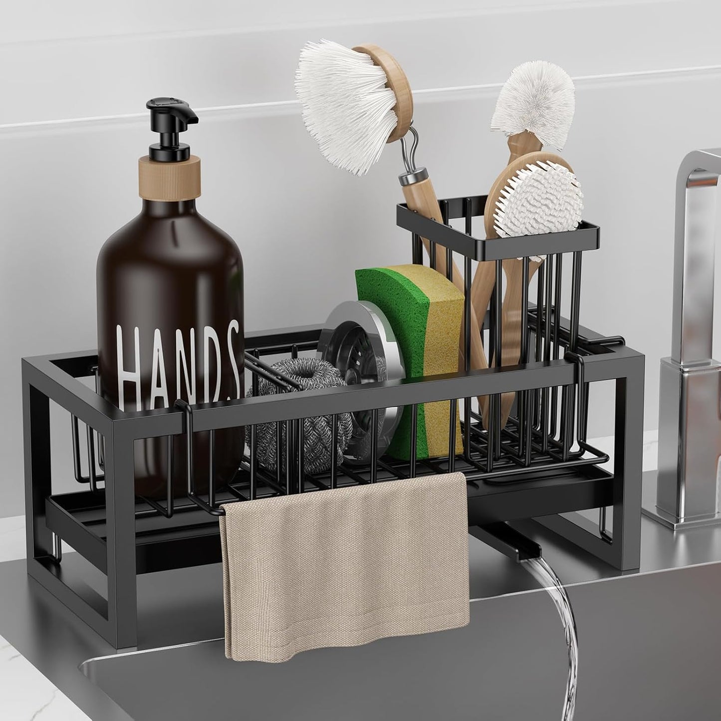 Bntuk Kitchen Sink Caddy Organzier with Towel and Brush Holder, Self-Draining Sponge Holder Caddy for Soap, Scrubber, Towel, Brush, Apartment RV Essential(Black)