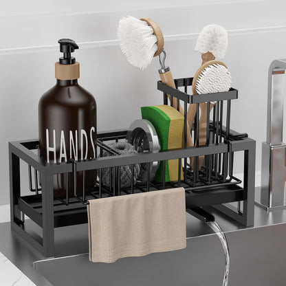 Bntuk Kitchen Sink Caddy Organzier with Towel and Brush Holder, Self-Draining Sponge Holder Caddy for Soap, Scrubber, Towel, Brush, Apartment RV Essential(Black)