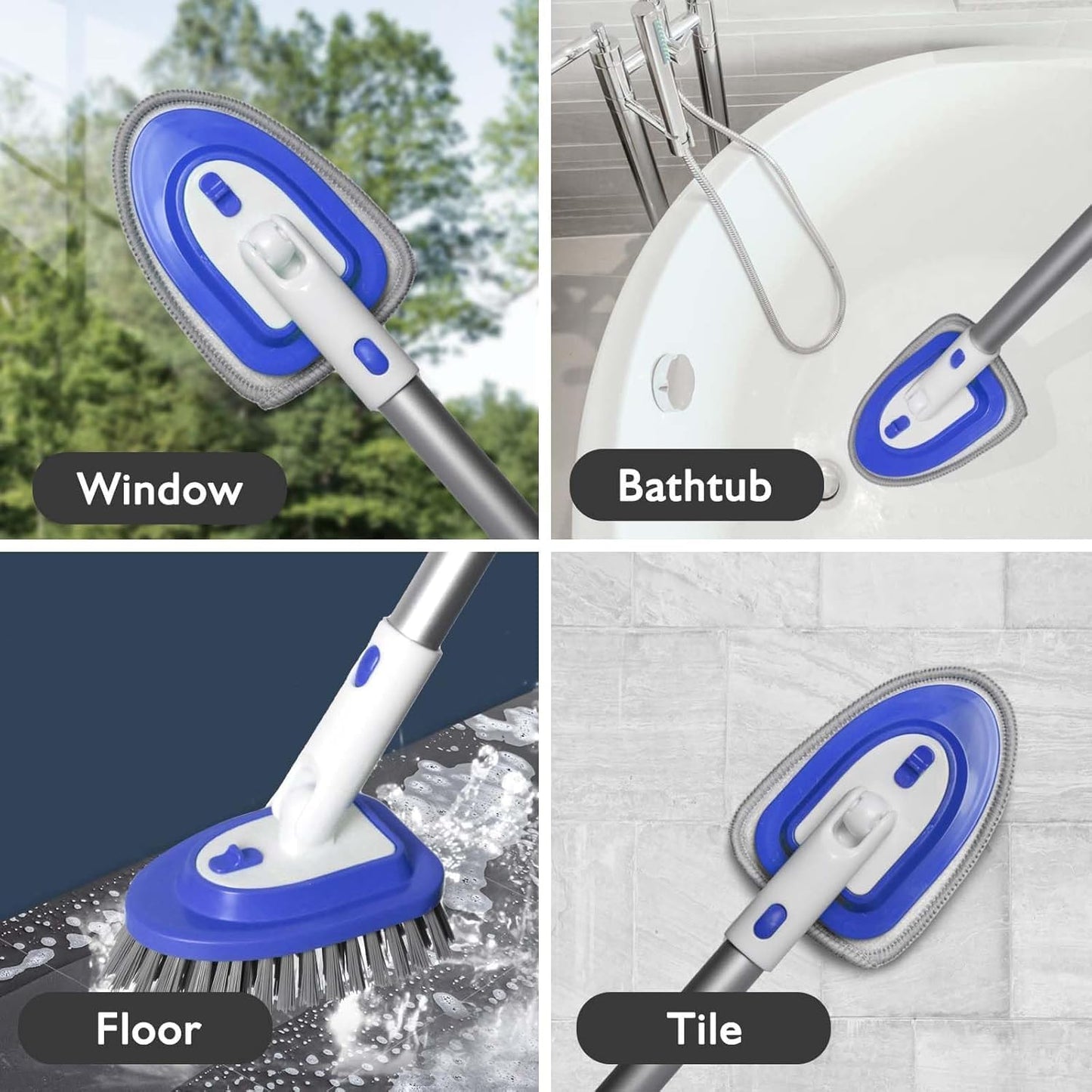 3-in-1 Floor Scrubber and Bathtub Cleaner with 52-Inch Adjustable Long Handle, Shower Brush for Cleaning Bathroom Tile, Kitchen Walls, Tub