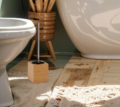 Clasin Home Toilet Bowl Brush Holder with Bamboo and Stainless Steel for Durable Use, Toilet Scrubber Brush with Long Handle for Easy Deep Cleaning, Compact Hidden Bathroom Toilet Cleaner Brush Set