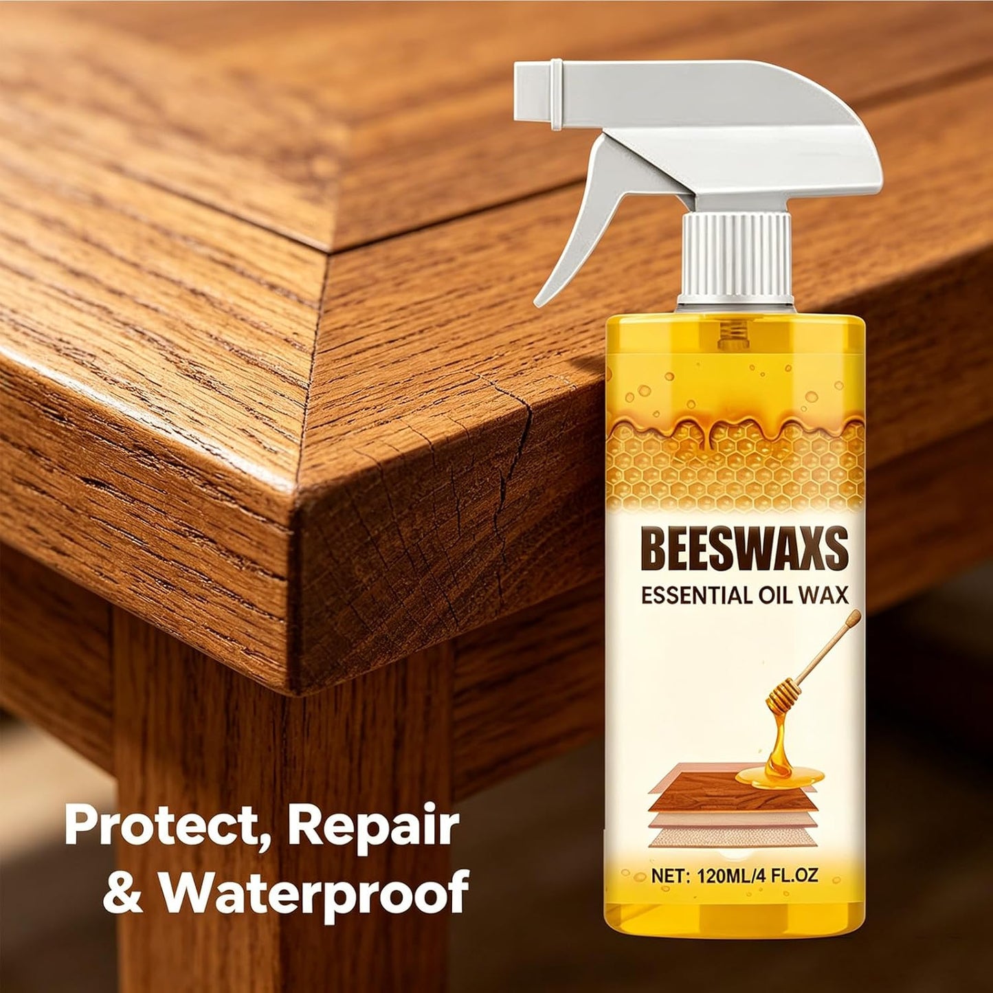 Beeswax Wood Polish Spray, Natural Beeswax Repairing and Care Spray, Bees Wax Furniture Polish and Cleaner, Deep Cleaning Bees Wax for Hardwood Floors & Kitchen Cabinets, Restores Natural Gloss (1Pcs)