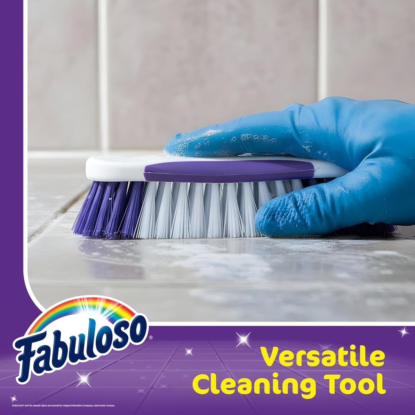 Fabuloso Cleaning Brush with Handle, Compact Handheld Household Scrub Brush for Kitchen, Bathroom, Baseboards, Tile and Floors, Firm Bristles for Indoor Surface Cleaning, White and Purple, 5.5 Inch