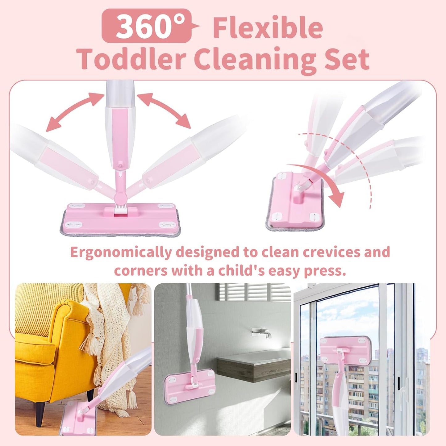 Kids Spray Mop, Fun & Functional Toddler Mop Cleaning Set,Real Working Mini Mop, Pretend Play Toy –Includes Spray Bottle,Washable Microfiber Pads, Montessori Kids Cleaning Toy Set -Green