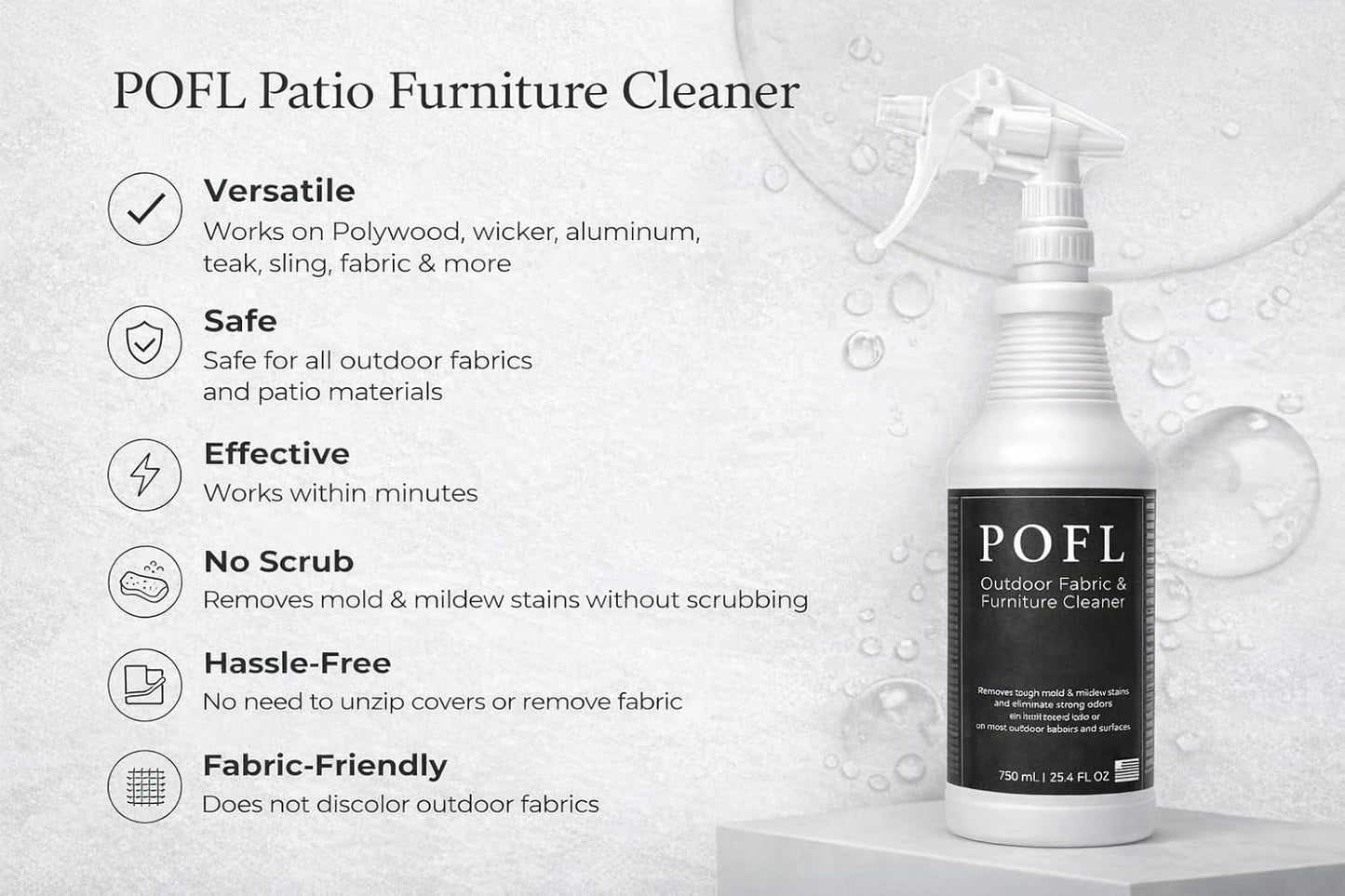 POFL Outdoor Fabric & Furniture Cleaner – Mold & Mildew Stain Remover for Patio Cushions, Wicker, Teak, Aluminum & Marine Seating – 25.36 fl oz