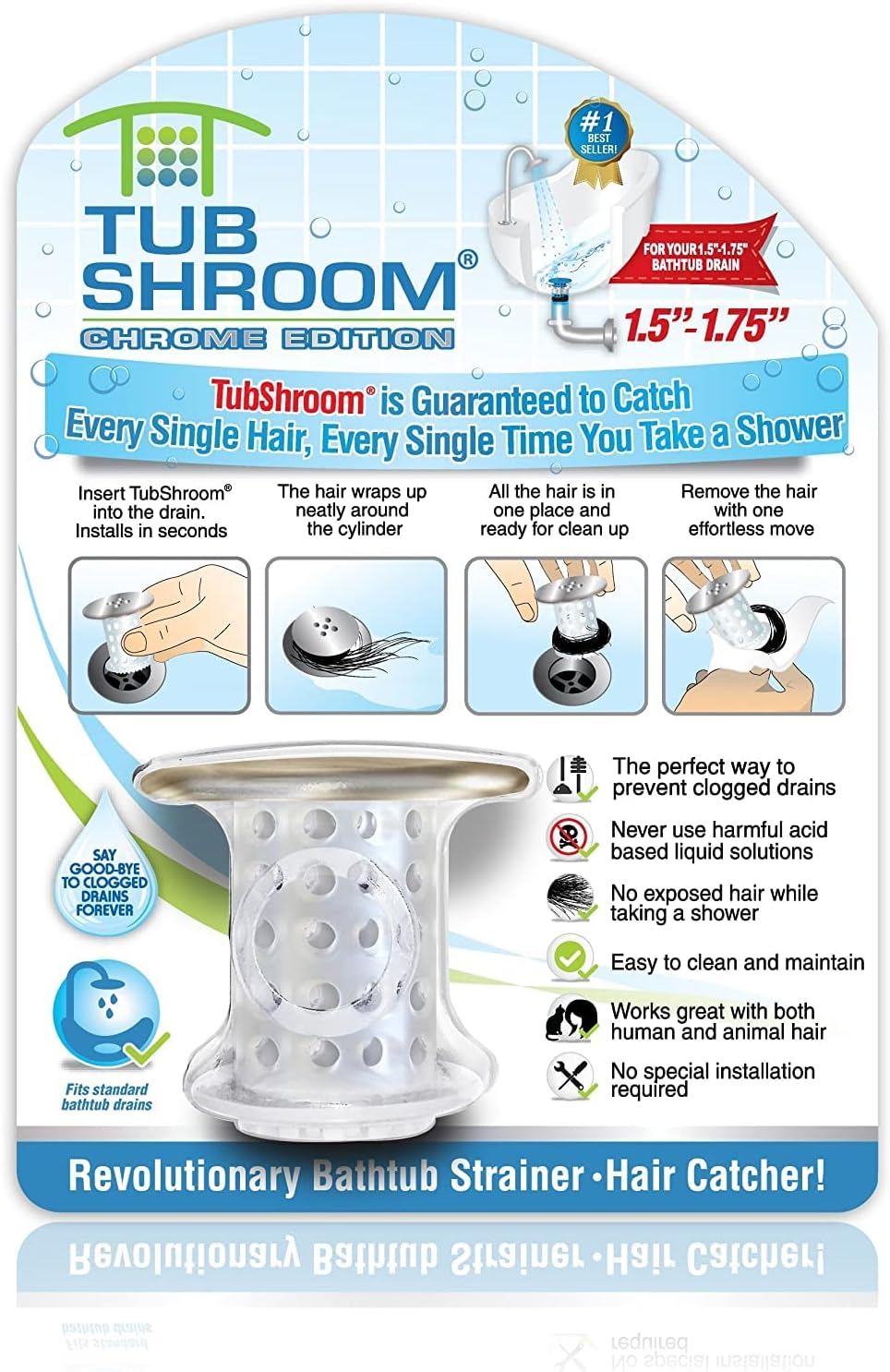 TubShroom Tub Drain Hair Catcher, Chrome & Drano Max Gel Drain Clog Remover and Cleaner for Shower or Sink Drains, Unclogs and Removes Hair, Soap Scum, Blockages, 80 oz