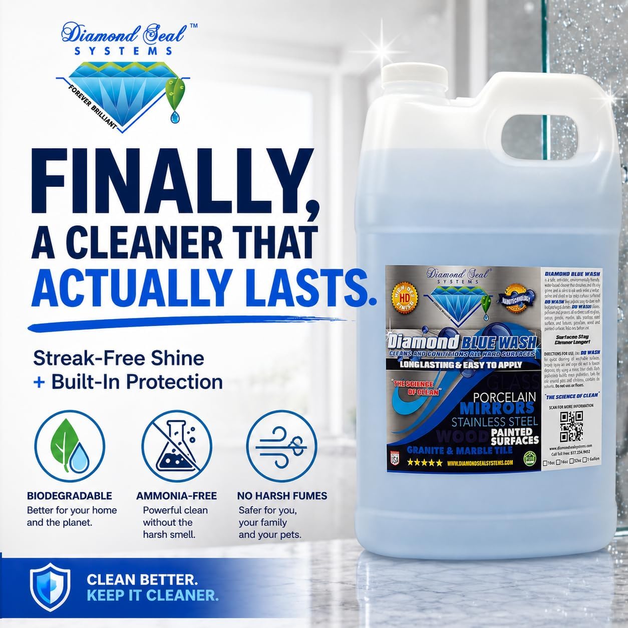 Made in the USA. Diamond Blue Repellent Wash Multi Surface. Cleans,Shine Best Cleaner for Glass, Granite, Countertops Wood & Stainless Steel. Direct from the Manufacturer 32oz Easy to use spray bottle