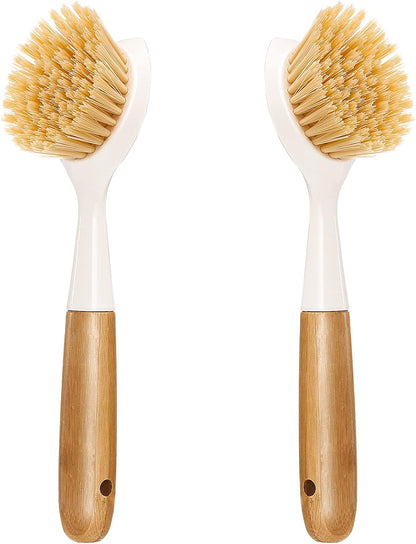 2 Pack Kitchen Dish Brush Bamboo Handle Dish Scrubber Built-in Scraper, Scrub Brush for Pans, Pots, Kitchen Sink Cleaning, Dishwashing and Cleaning Brushes are Perfect Cleaning Tools, White
