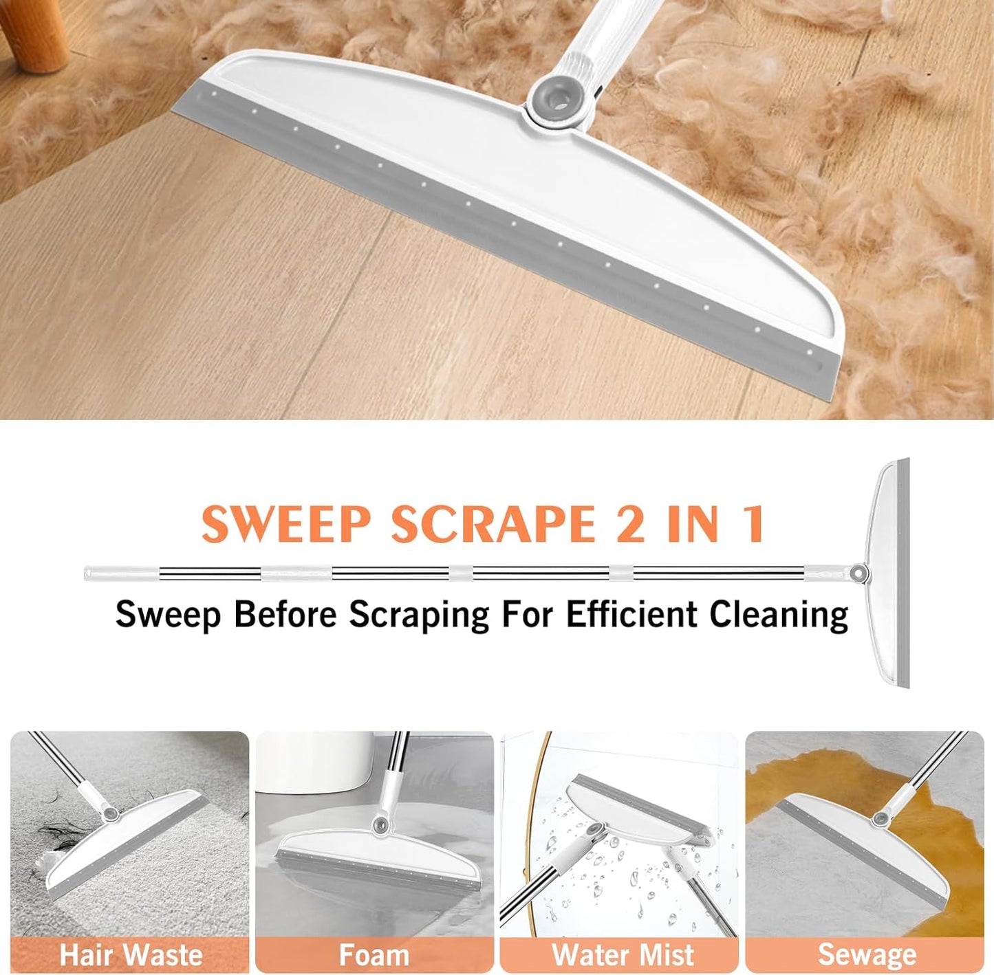 Multifunction Silicone Broom, 54 Inch Long Handle Silicone Floor Squeegee Broom, Sweep and Scrape 2 in 1 Household Cleaning Broom for Floor, Bathrooms, Kitchens, Showers, Tile, Pet Hair, Glass, White