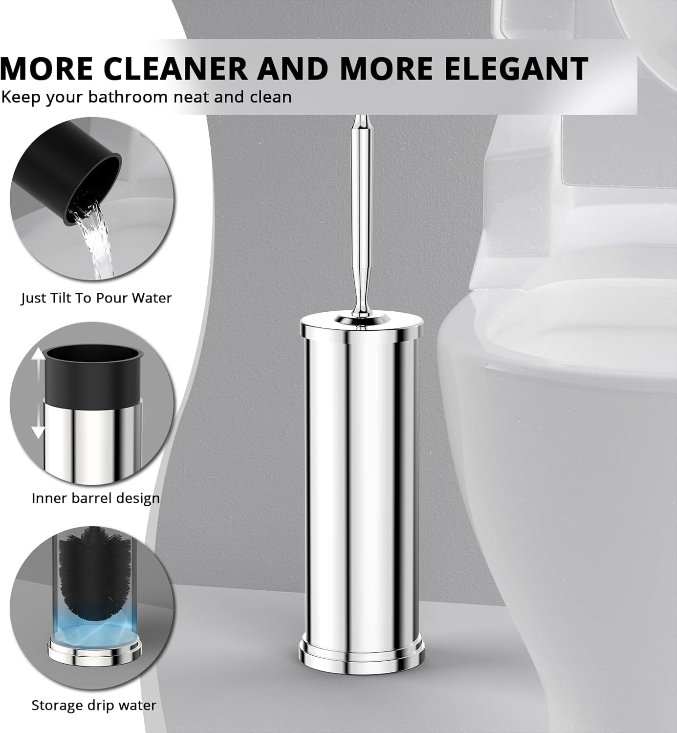 Premium 304 Stainless Steel Toilet Brush and Holder: Weighted Stable Base, Removable Inner Tube, Splash-Proof Design for 360° Thorough Cleaning & Space-Saving Storage,Nickel