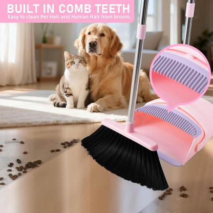 BSKLIN Pink Broom and Dustpan Set, 52-in Handle Broom Dustpan Combo Set Household Hand Broom with Dustpan Teeth to Clean Hair for Home Kitchen Office Lobby Sweeping Indoor（Pink）