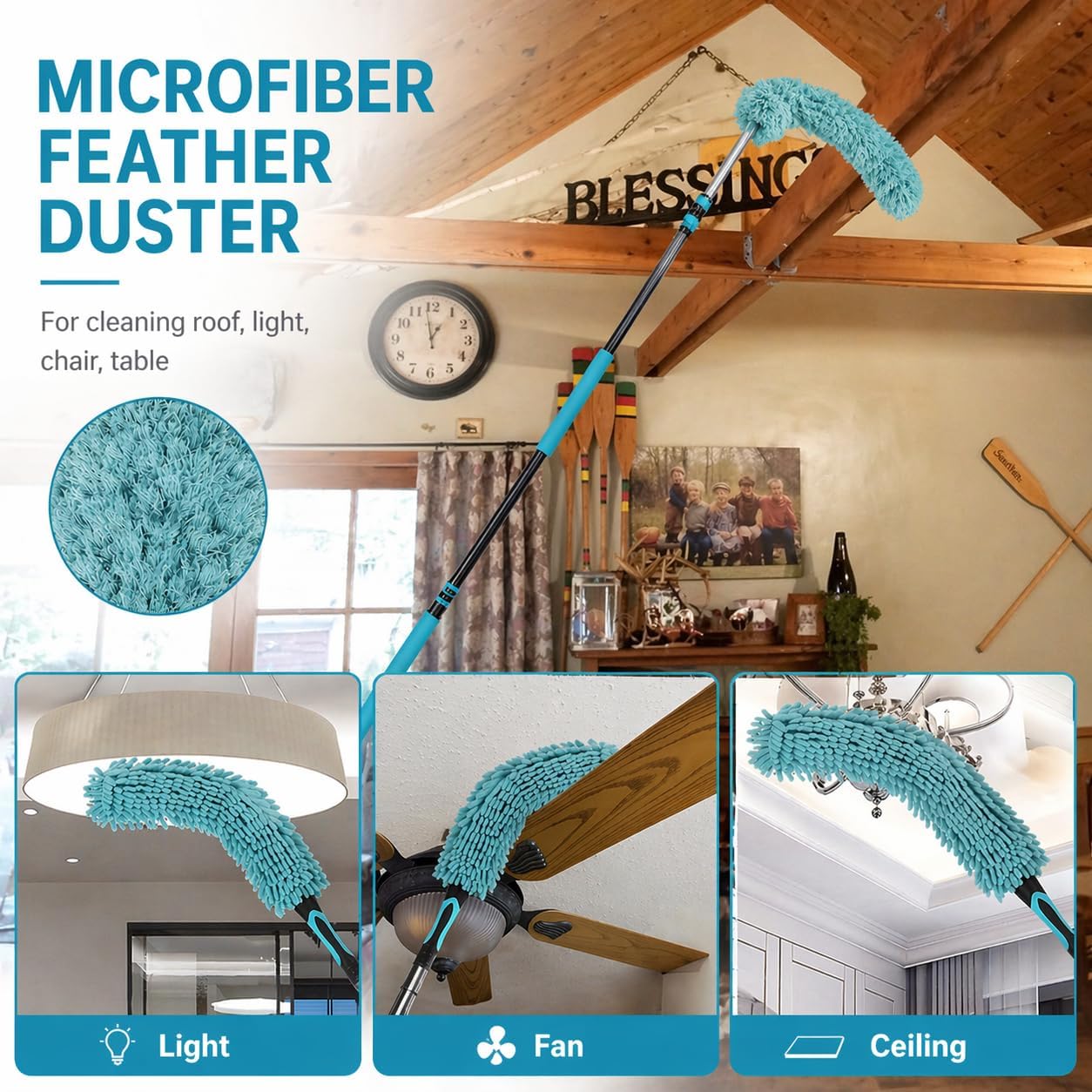 High Ceiling Duster Kit with 3-8FT Heavy Duty Extension Pole, Reaches Up to 13FT, Includes Microfiber Feather Duster, Cobweb and Ceiling Fan Duster, Window Squeegee Cleaner & Skylight Hook (8FT)