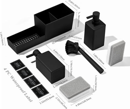Kitchen Soap Dispenser Set with Sponge Holder and Brush for Sink Rack Hand Soap and Dish Soap Dispensers Black 4-in-1