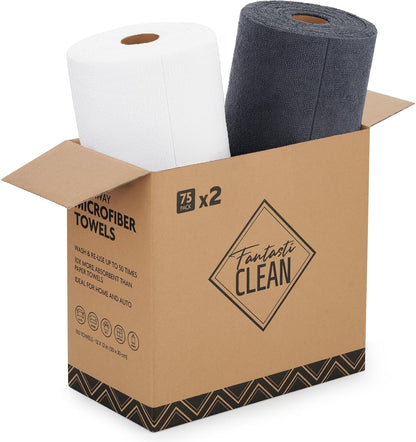 Fantasticlean Microfiber Cleaning Cloth Roll -75 Pack, Tear Away Microfiber Towels, 12" x 12", Reusable, Washable, Scratch Free, Ultra Absorbent Dishcloth for All-Around Cleaning Supplies (White)
