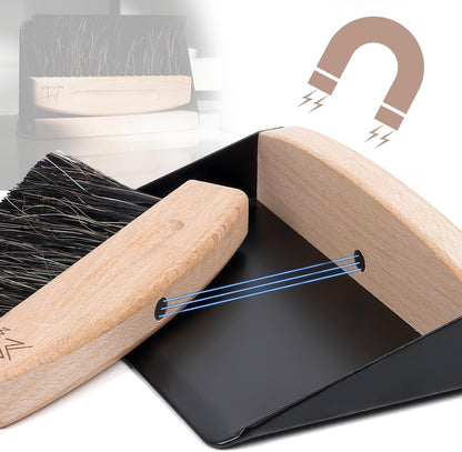 Coffee Brush and Dust Pan Set - Mini Hand Barista Broom, Magnetic Natural Horsehair Espresso Brush, Wood Barista Tools for Cleaning Tamping Station, Coffee Bar, Kitchen, Black