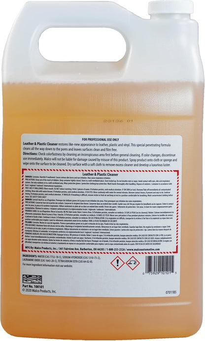 Malco Leather & Plastic Cleaner – Penetrates Deep to Remove Dirt, Grime and Oily Soils/Restores Leather, Plastic and Vinyl/Leaves Surfaces Clean, Shiny and Film-Free / 1 Gallon (100101)