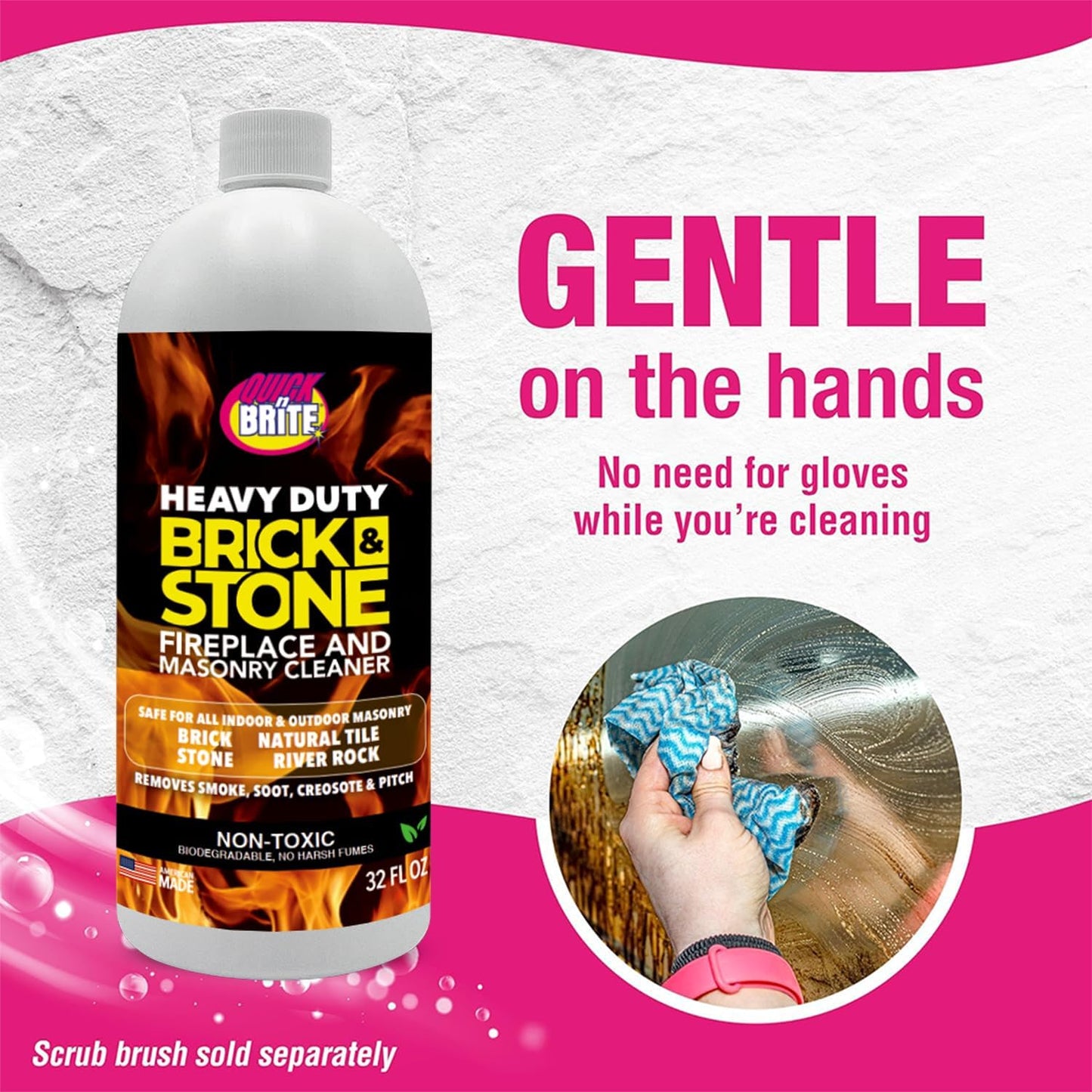 Quick 'n Brite Fireplace Gel Cleaner for Brick, Stone, Rock, Tile, and Marble, Nonabrasive Fireplace Cleaner, Made in the USA, 16 oz