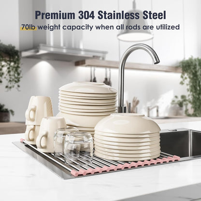Tomorotec 17.7" x 15.5" Roll Up Dish Drying Rack Over Sink Drying Rack Sink Cover Kitchen Sink Accessories Gadget Multipurpose Organizer Foldable Stainless Steel Drainer (Grey)