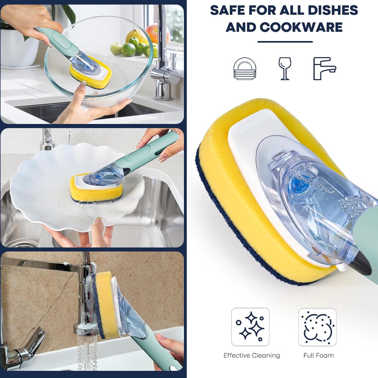 Dish Brush with Soap Dispenser Storage Set with 2 PCS Brush Refills & Holder, Dish Scrubber with Soap Dispenser, Dish Soap Brush, Dish Wand with Soap Dispenser for Dishes, Pans, Sink, Pots(Green)