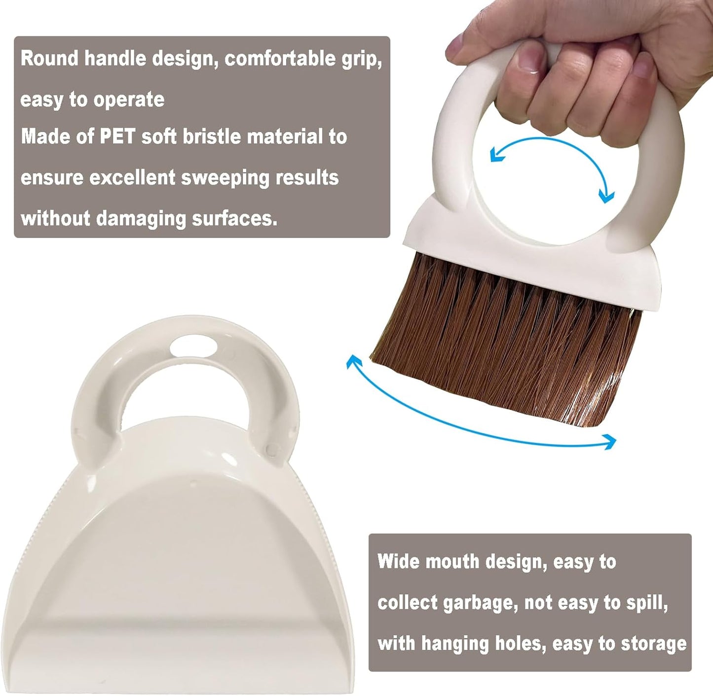 Round Handle Brush and Dustpan Set Small Broom & Dustpan Portable Handheld Sweeper for Desktop Sofa Floor Pet Nest (Off White)