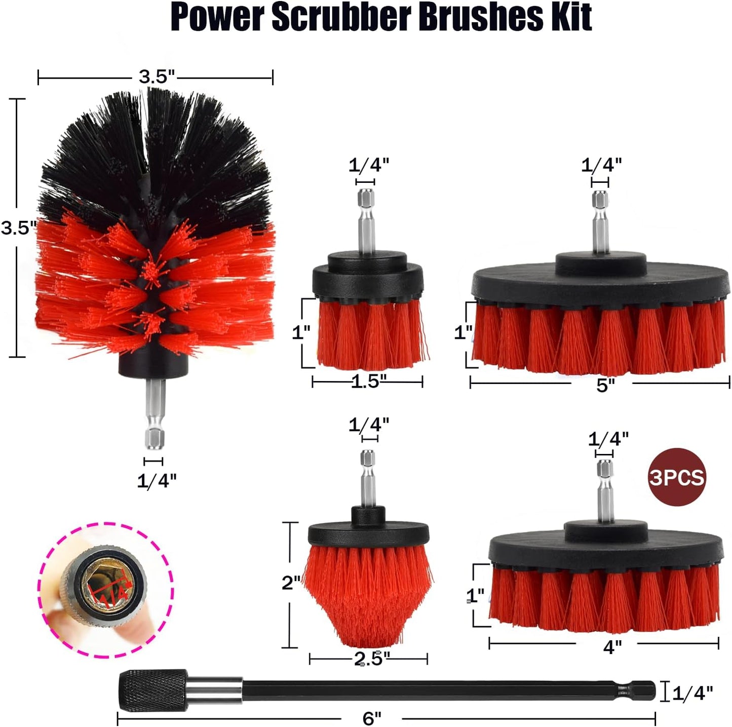 8 Pack Drill Brush Attachment Set,1/4in Power Scrubber Brush + Extend Long Rod, Power Cleaning Scrub Brush for Bathroom, Tub, Tile, Floor, Grout, Boat(White)