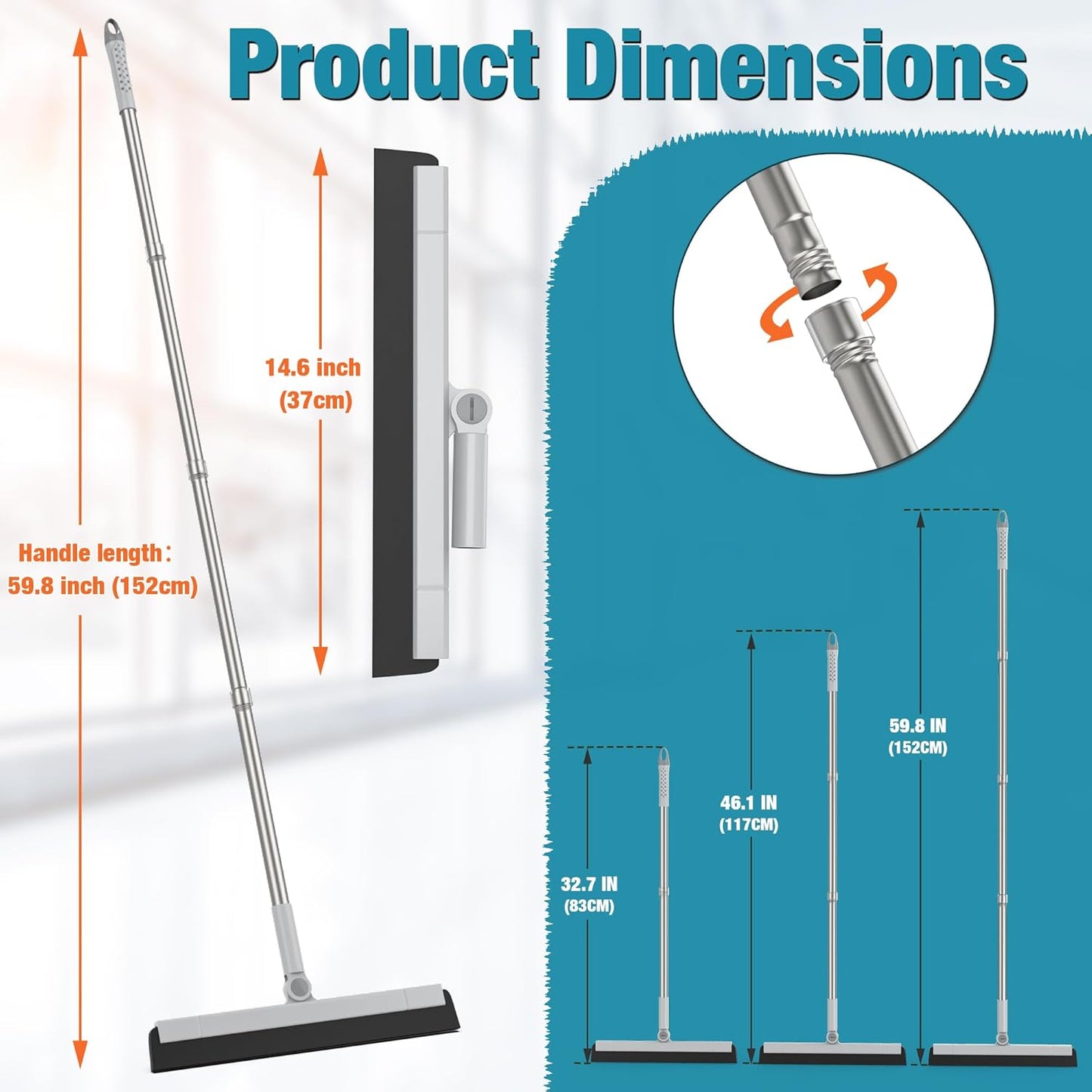 KOLLIEE Floor Squeegee Adjustable 59'' Long Handle Professional Floor Squeegee with Hook Water Squeegee Foam Blade for Concrete Floor Tile Pet Hair Floor Wiper