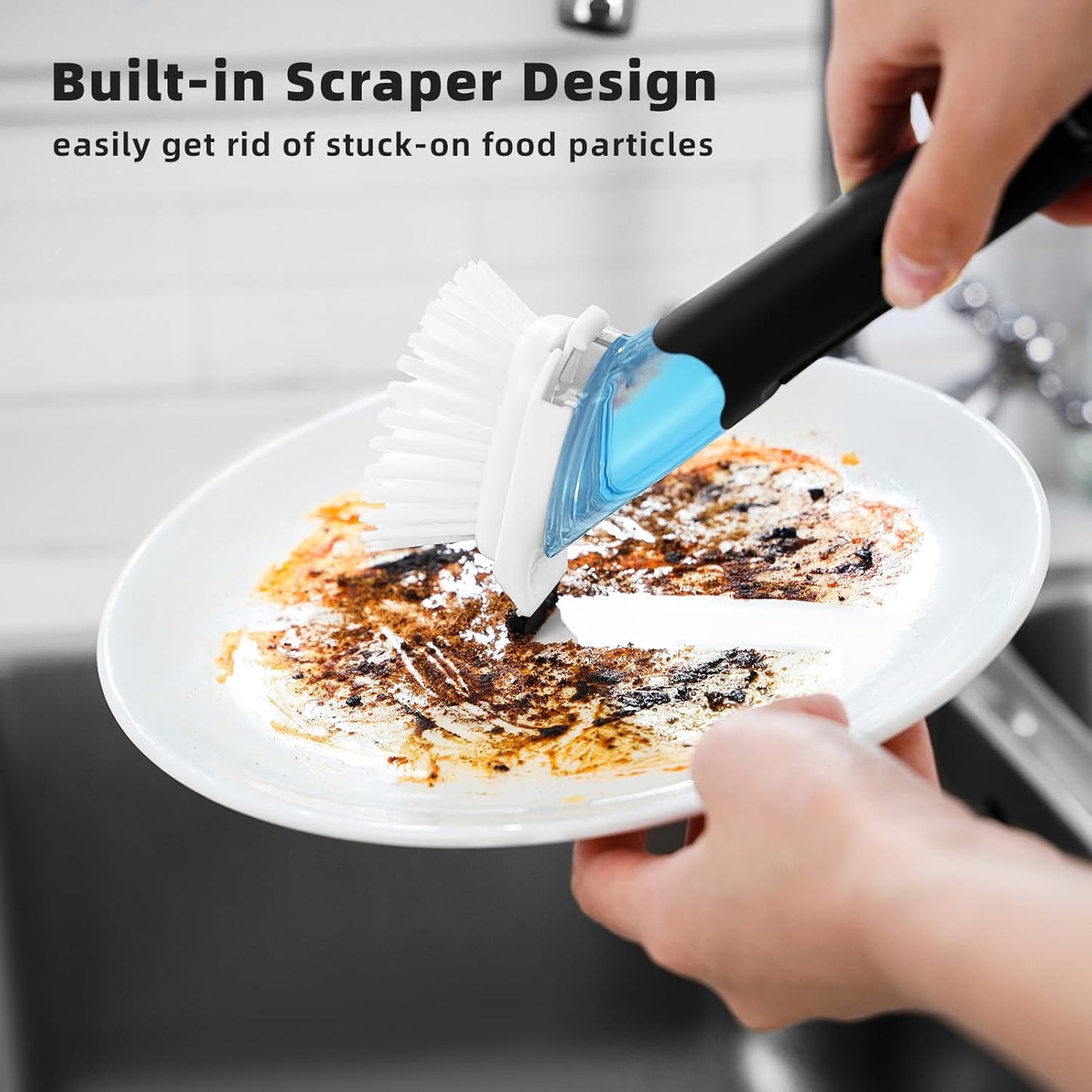 SUBEKYU Dish Brushes with Soap Dispenser, Kitchen Dish Scrubber Brushes with Handle, Dishwashing Cleaning Scrubbers for Dishes/Pans/Pots, Black, 2Pack