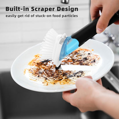 SUBEKYU Dish Brushes with Soap Dispenser, Kitchen Dish Scrubber Brushes with Handle, Dishwashing Cleaning Scrubbers for Dishes/Pans/Pots, Black, 2Pack