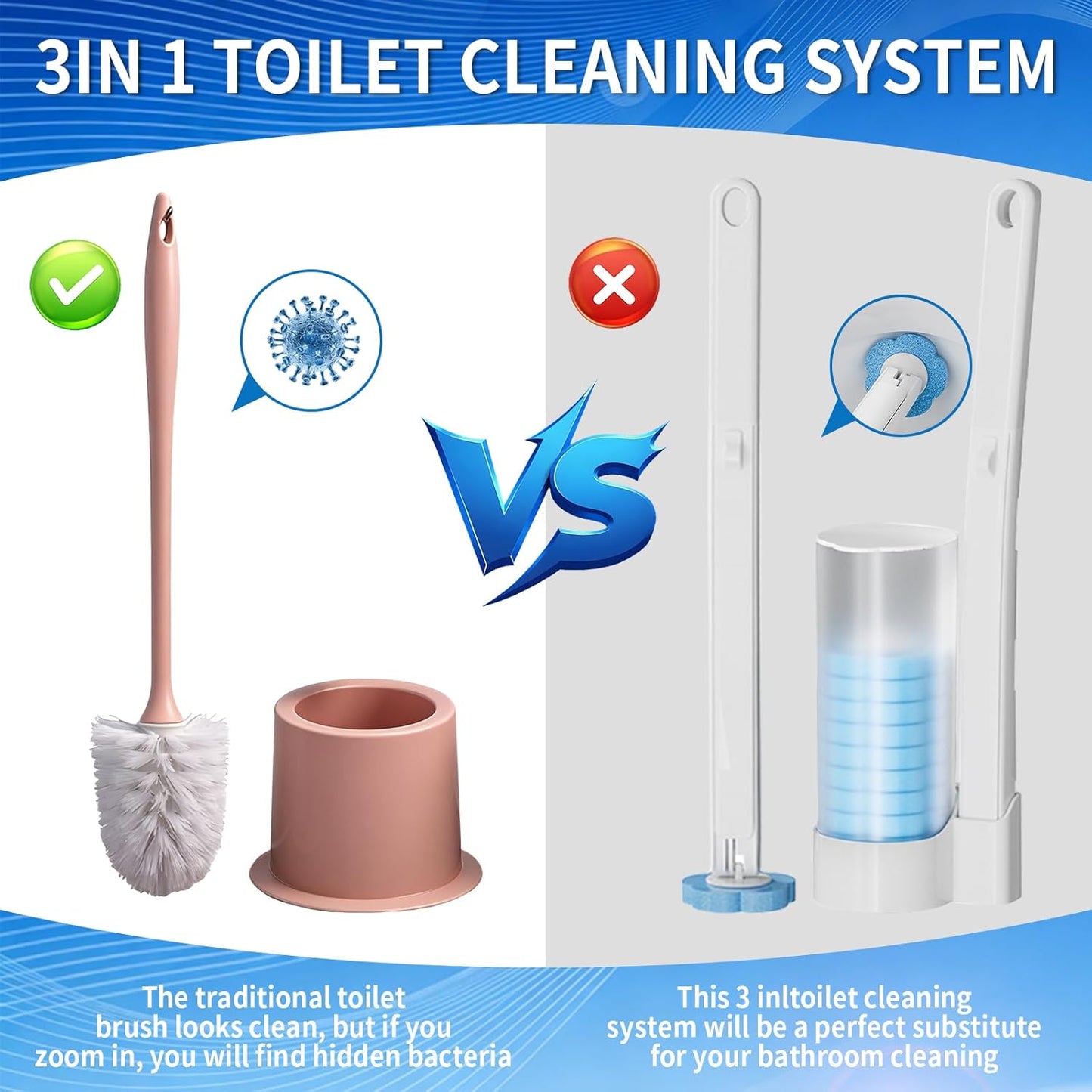 Disposable Toilet Brush Set with 24 Refill Heads | Hygienic Cleaning Wand & Holder Kit | Wall Mount or Stand, for Bathroom, Tub & Sink