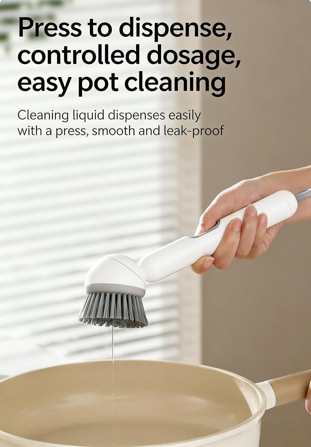 Dish Brush with Soap Dispensing Rotating Handle,Kitchen Crub Brush with Hook，White