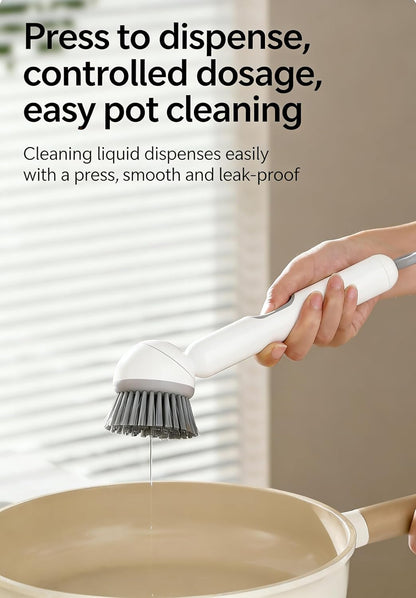 Dish Brush with Soap Dispensing Rotating Handle,Kitchen Crub Brush with Hook，White