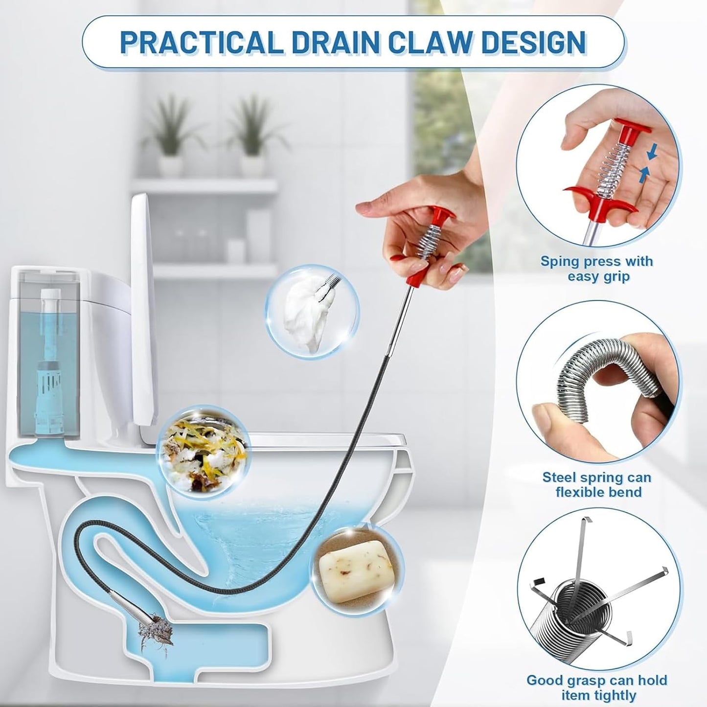 76 Inch Drain Snake Clog Remover, Flexible 4-Claw Grabber Tool,Toilet Sink Shower Bathtub Drain Cleaner for Hair Removal