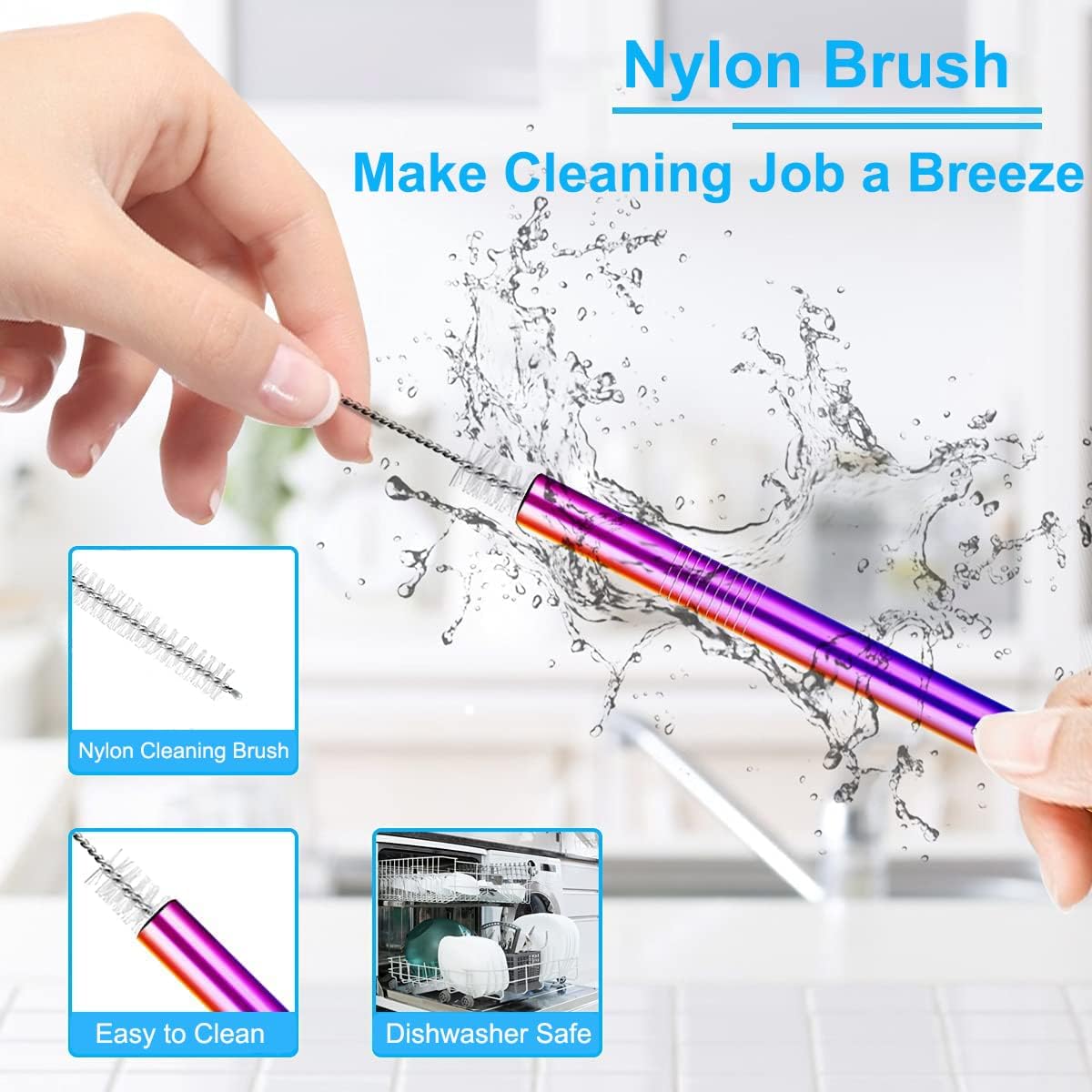 Vinaco Stainless Steel Smoothie Straws, 0.4'' Extra Wide Reusable Metal Drinking Straws for Milkshake, Smoothie, Beverage, Set of 4 with 1 Cleaning Brush