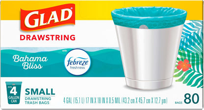 Glad Small Trash Bags 4 Gallon, Febreze Sweet Citron & Lime Garbage Bags, Odor Resistant with Drawstring, 80 Count