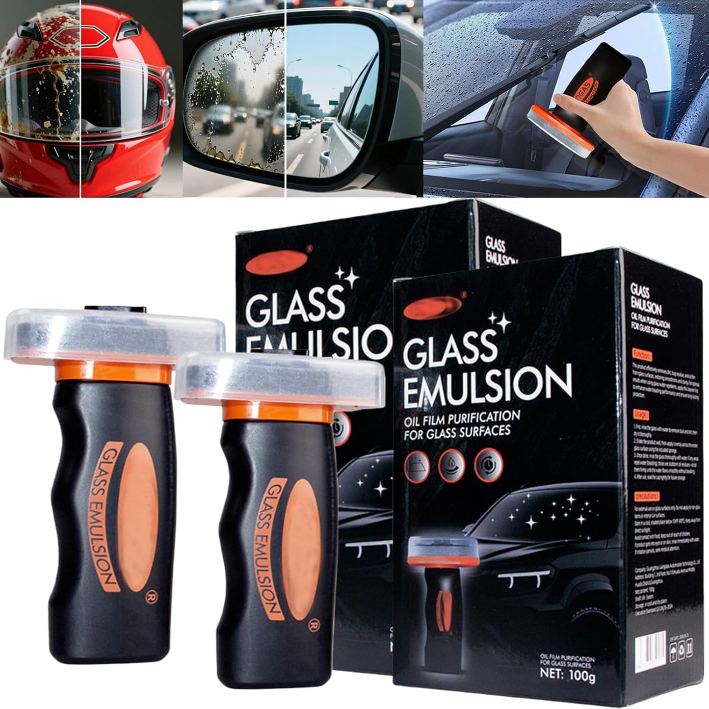 Glass Guard, Glass Oil Film Remover for Car, Grease Film Remover Paste,Roll-On Glass Compound with Cleaning Board, Removes Oil Film & Smudges, Improve Windshield Clarity for Safe Driving (100ml+Brush)