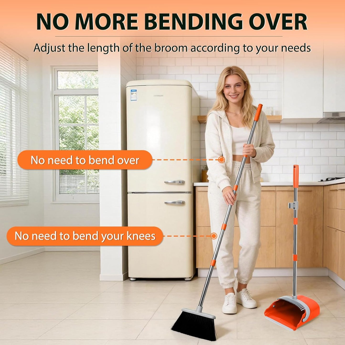 YZO Broom and Dustpan Set, 54.33 Inch Long Handle Standing Design, Dustpan Front Rubber Tight Seal, Broom with 5 Layer Bristles, Suitable for Living Room, Bedroom, Yard, Office and Apartment(Green)