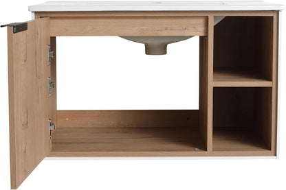 SSLine Modern 24-Inch Bathroom Vanity with Sink Wall Mounted Bathroom Vanity with Top Basin & Storage Cabinet White Wood Floating Vanity w/Ceramic Sink & Gold/Black Handles for Small Space