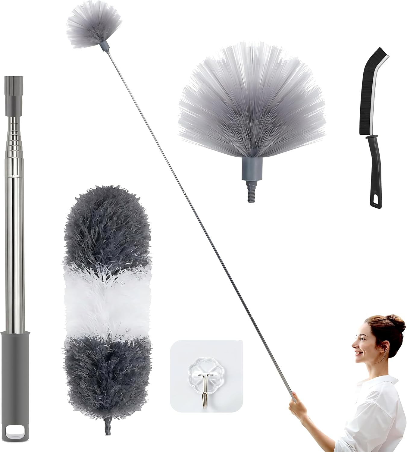 Professional Microfibre Dusters for Cleaning | Duster with Extension 100" | Cobweb Remover Duster Kit with 4 Washable Heads | Bendable Feather Duster for High Ceilings,Fans & Hard-to-Reach Areas,7PCS