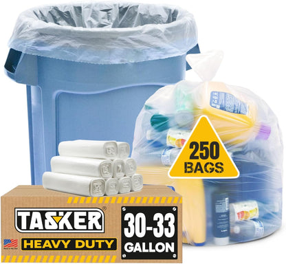 Tasker 30-33 Gallon Trash Bags Heavy Duty (Value 100/Bags w/Ties) Clear Large Plastic Recycling Garbage Bags. 30 Gal, 32 Gallon Clear Large Trash Bags