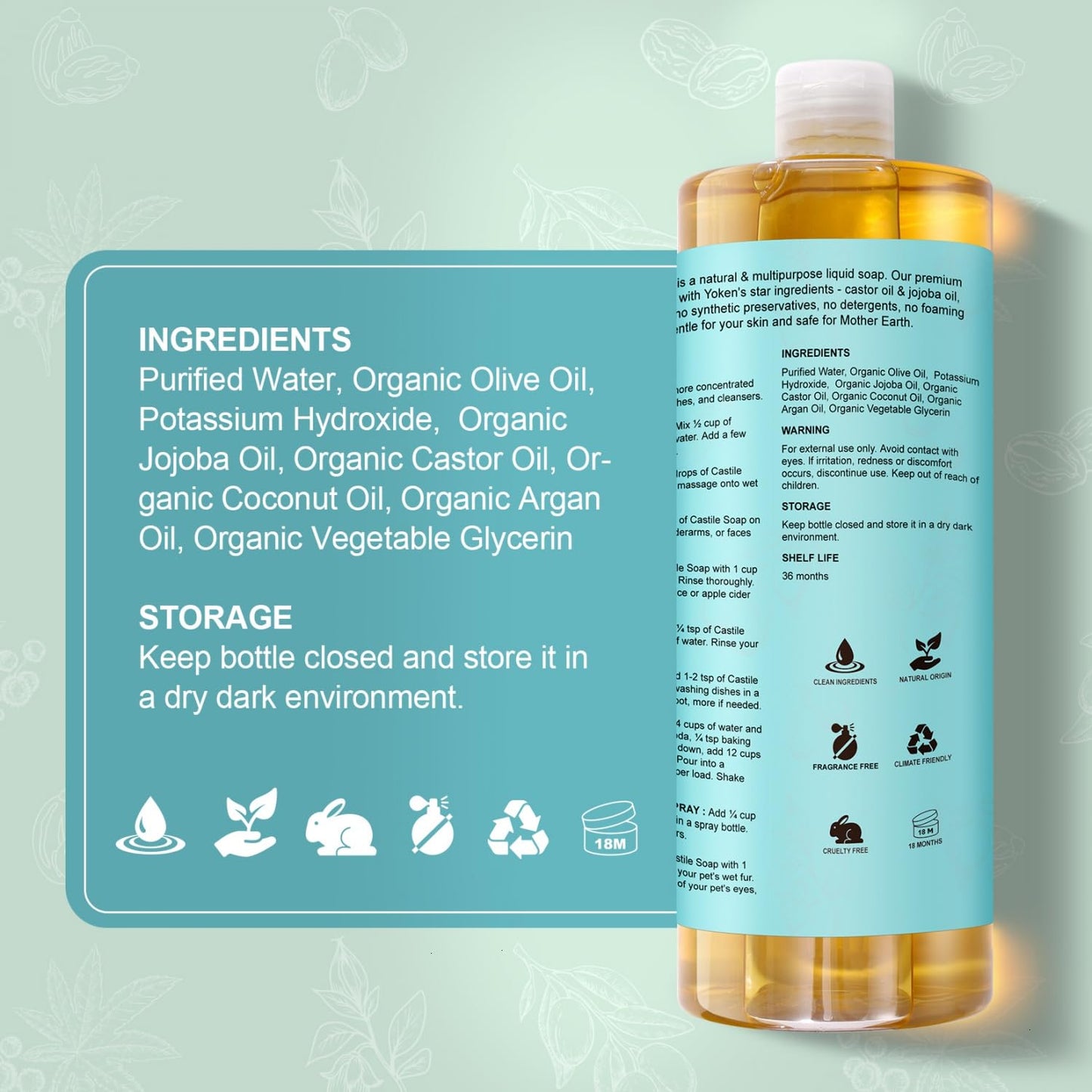 Yoken Castile Soap Liquid EWG Verified(1 Gallon, Unscented) Pure-Castile Liquid Soap for Body, Face, Hand, Pets, Laundry, Dish Soap and More - Made With Organic Oil, Vegan, Clean & Gentle, Versatile